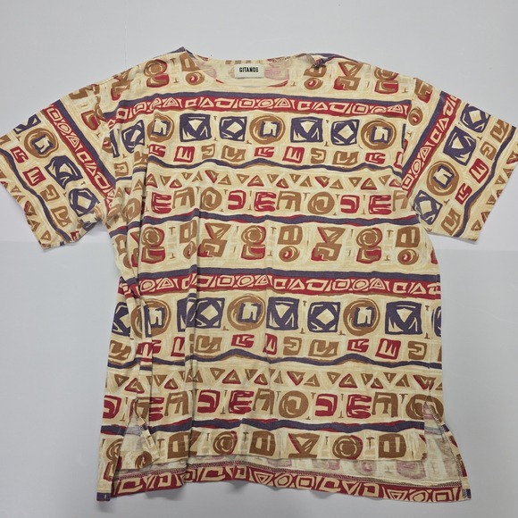 Gitano Other - Vintage Gitano Tribal Abstract Geometric Print T-Shirt Tan Red Blue Mens XL‎